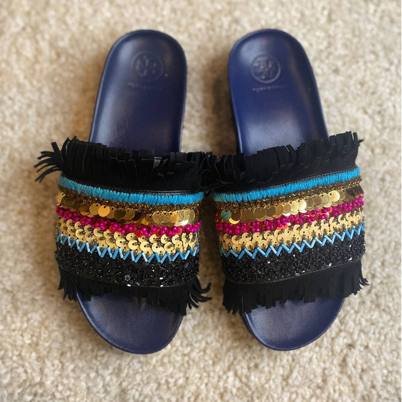 Tory Burch Isle Beaded Fringe Flat Slide Sandals - Picture 2 of 7
